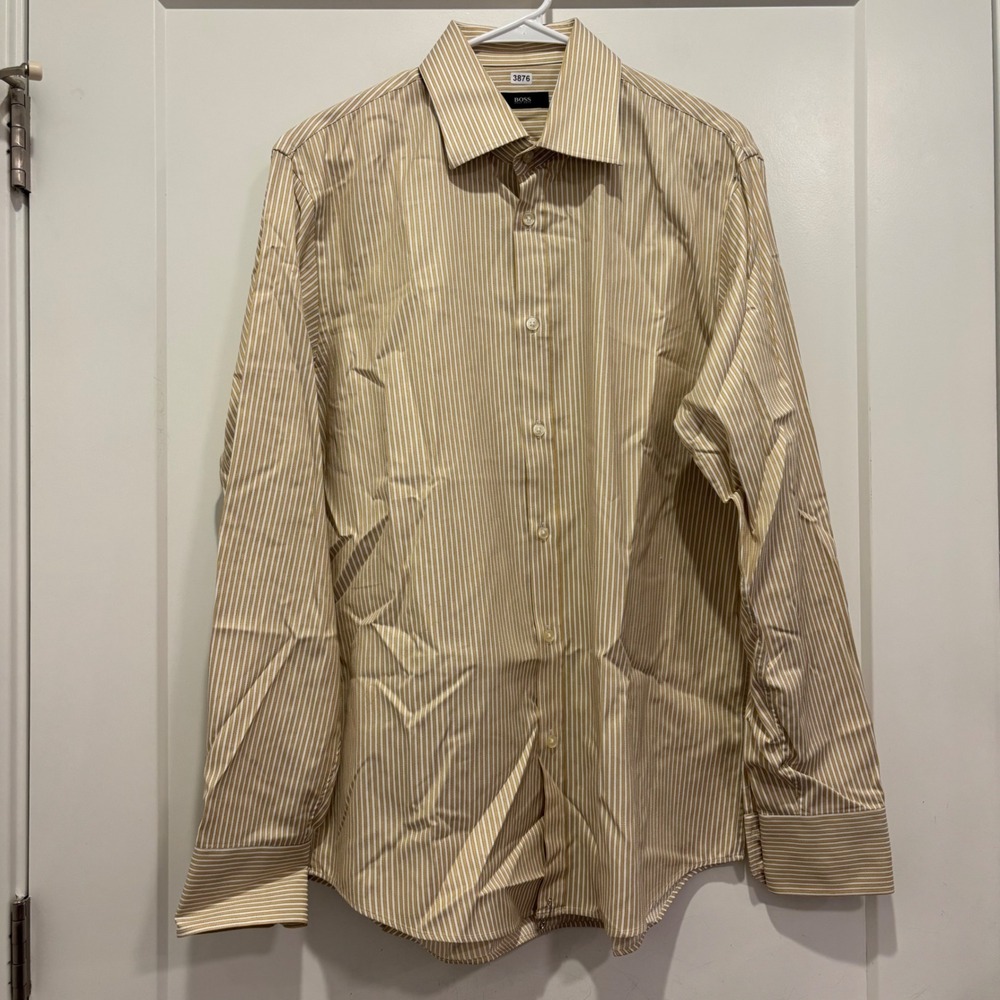 Hugo Boss Mens Striped Dress Shirt Tan White Long Sleeve 16.5 34/35